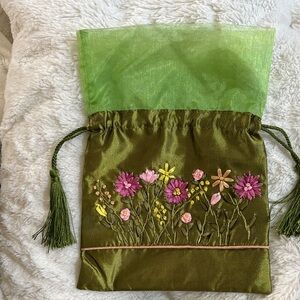 Embroidered Green Drawstring Floral Pouch